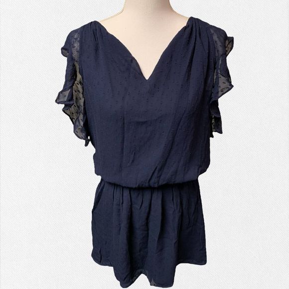 NWT Ramy Brook Simona navy blue ruffle smocked dress sheath women’s small - Picture 2 of 11